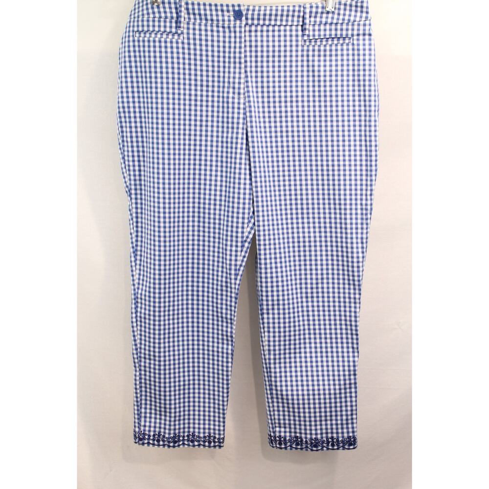 Talbots Gingham Cropped Pants Womens size 14 Blue White Embroidered Hem